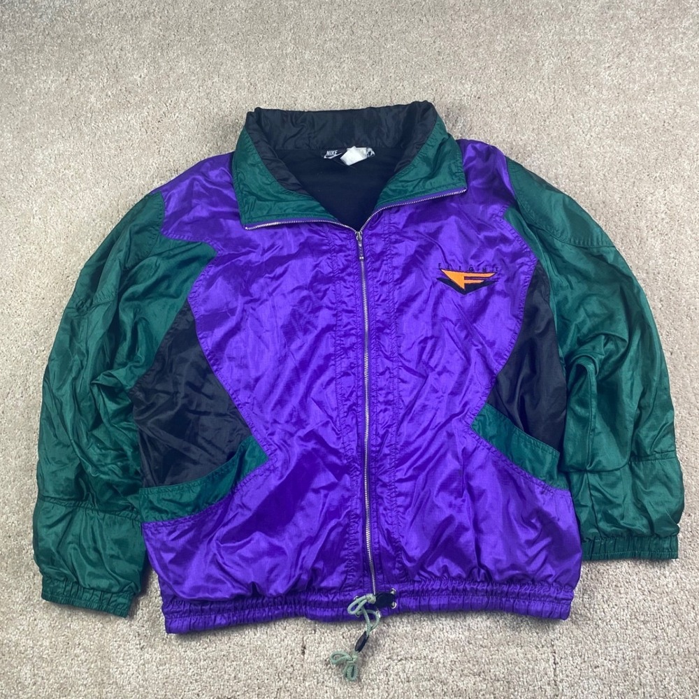 Vintage 90s Nike Flight Windbreaker Jacket Purple Green Colorblock Mens L